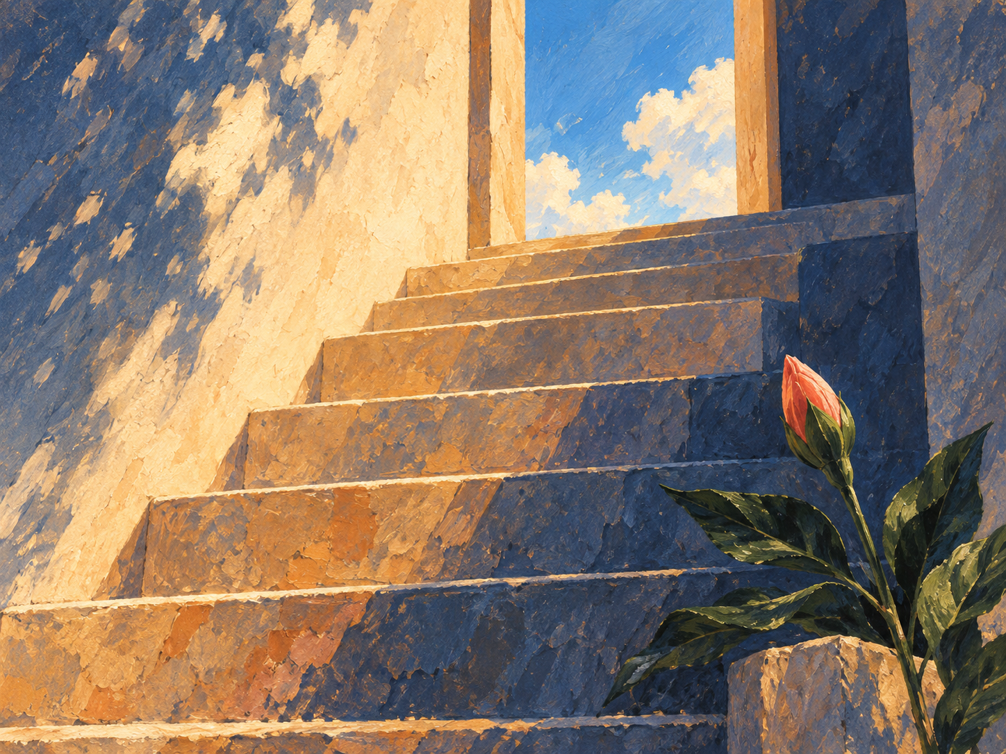 A sunlit stairway with a flower bud