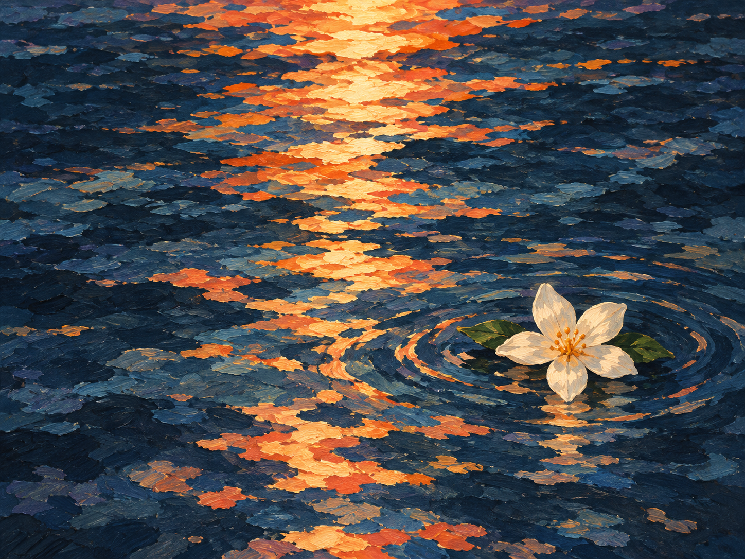 A jasmine flower floating on reflective water