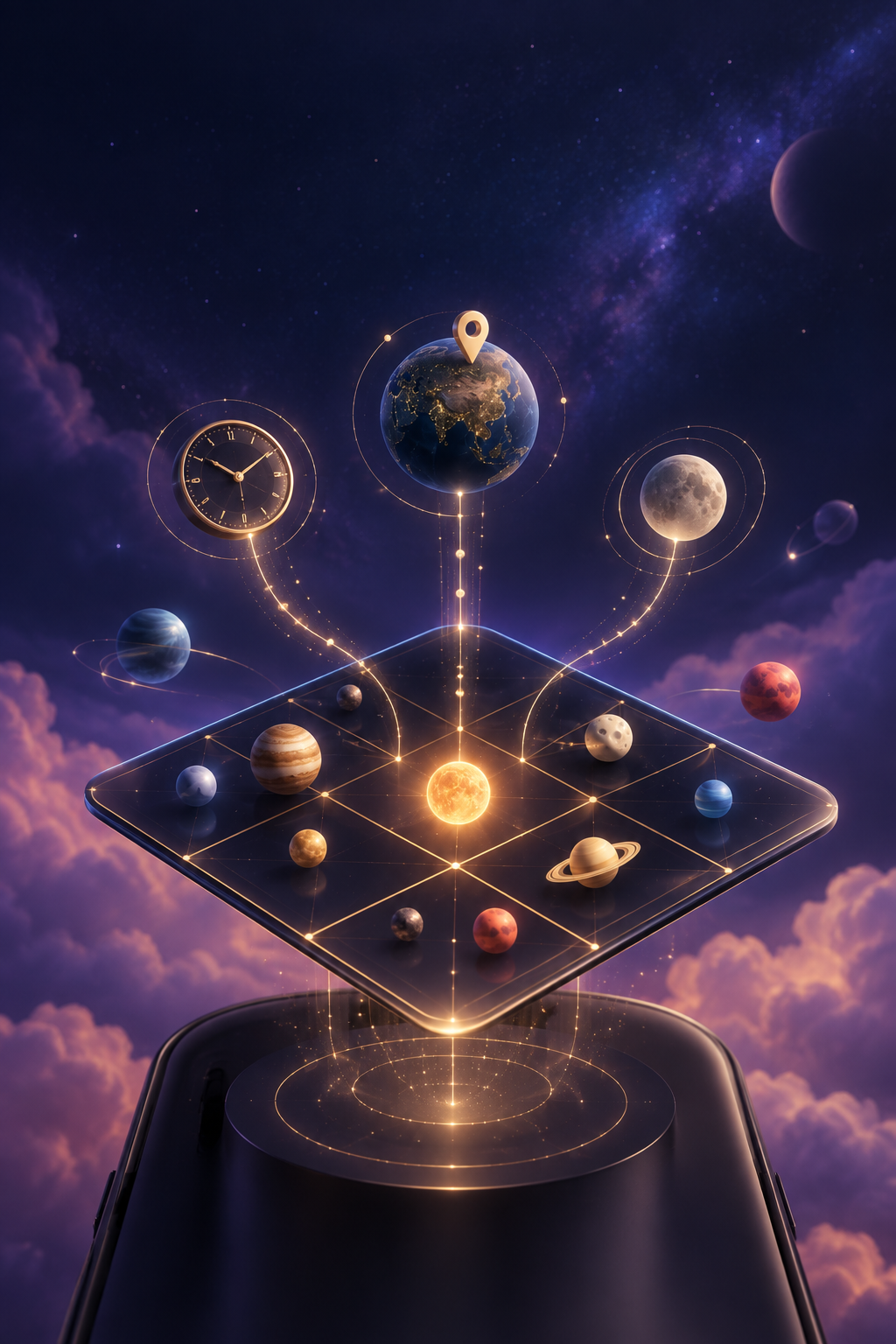 A celestial birth-chart system rising above a phone